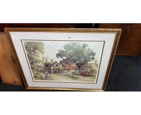 F/G TAPESTRY OF A HUNTING SCENE, GILT F/G SIGNED PRINT OF STABLES & CHURCH