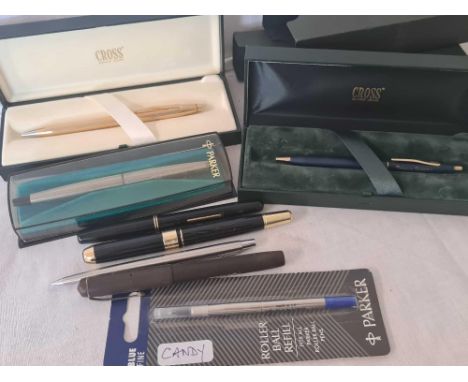 2 CROSS BIRO'S WITH ENGRAVED NAMES, PARKER INK PEN, 3 OTHERS INCL; 2 LEVER FILLED PENS WITH GOLD NIBS, A ROLLER BALL WITH REF