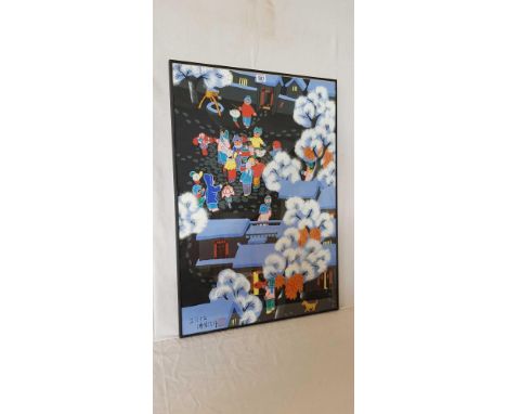 CONTEMPORARY CHINESE WATERCOLOUR WITH CHILDREN AT PLAY WITH SNOW CAPPED TREES, SIGNED WITH RED ARTIST'S SEAL , 31” X 21”