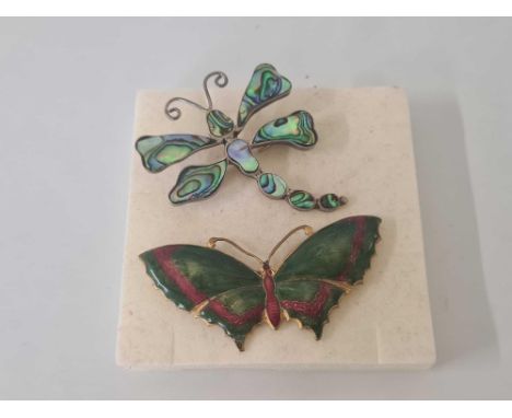 SILVER & ABALONE DRAGONFLY BROOCH & ENAMEL BUTTERFLY BROOCH