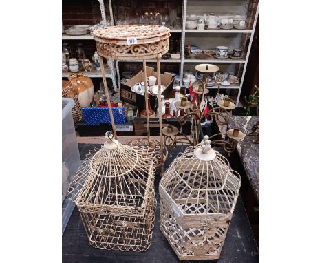 2 METAL BIRD CAGES, CAST IRON POT STAND & A METAL & GILT CANDLESTICK HOLDER