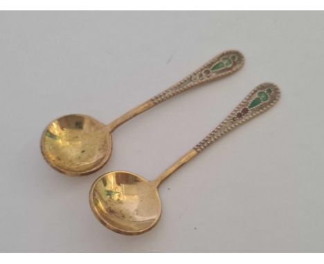 2 RUSSIAN ENAMEL SAT SPOONS