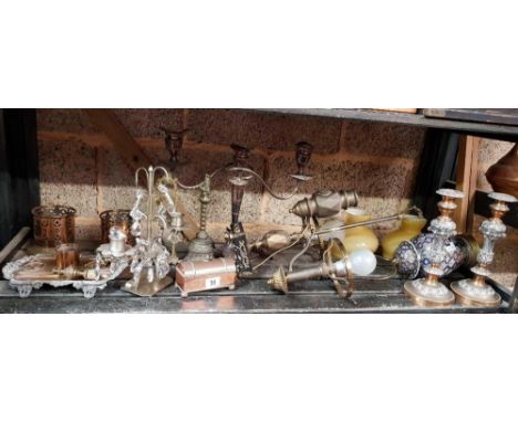 SHELF OF MISC METAL WARE INCL; CANDLESTICK, CANDELABRA, 2 GLASS LAMP SHADES