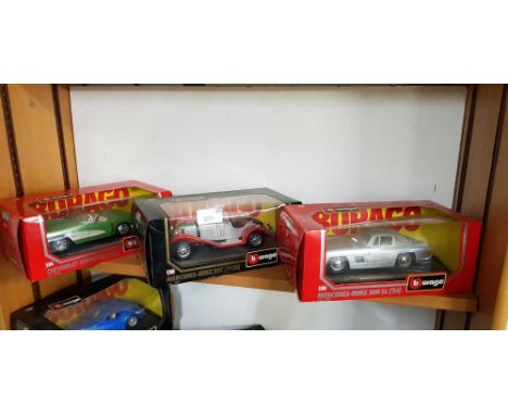 10 BOXED BURAGO MODEL CARS, MERCEDES BENZ, PORCH, FORD & OTHERS
