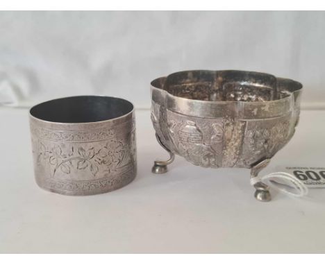 SMALL EMBOSSED SUGAR BOWL ON PAD FEET & AN ENGRAVED NAPKIN RING, POSSIBLY LOW GRADE SILVER, 90g