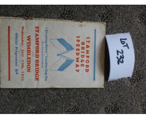 Speedway : Stamford Bridge v Wimbledon 13.7.1932 programme, r/staples, generally good cond.