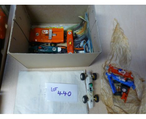 Die-cast : Scalextric vintage cars and instructions incl Cooper 81 and others, plus a bag of bits, for repair.