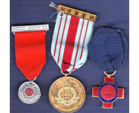 Three Medals  R.M.P. and City of Chichester , March 1988 for Royal Military Police, London County Council First Aid Medal and