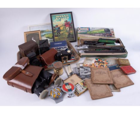 Various items including Rosebud Kitmaster model railway, steam railway photographs, lamps, cigarette cards, binoculars and ot