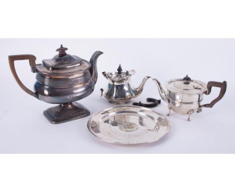 George V silver teapot, an Edwardian silver small teapot marked Carmen (faults), also a 1981 commemorative plate, total weigh