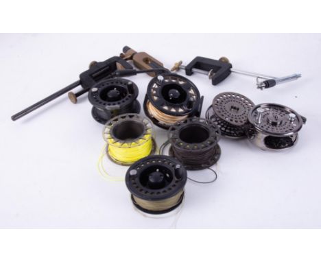 A collection of FLY FISHING equipment. Including four 9 foot and 10 foot rods including Airflow Delta Plus, Redington Red Fly