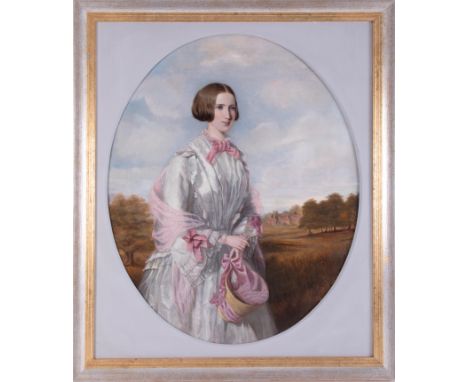 Oil on canvas, unsigned, 19th Century portrait of a Rebecca Southam, in white &amp; pink dress with straw bonnet and a landsc