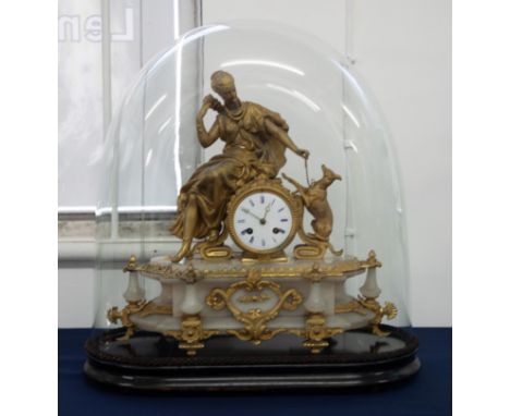 A 19th Century French gilt metal and alabaster figural mantle clock, the eight day Japy Freres &amp; Co movement striking on 