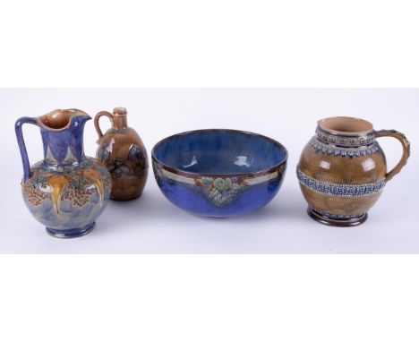 Doulton, 1878 pottery jug, impressed A.H, another art pottery jug, large bowl, Doulton Lambeth circa 1920's and pitcher inscr