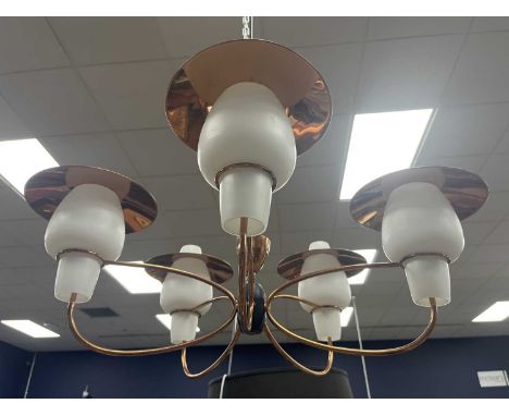 1950S STYLE PENDANT LAMP,five branch with opaque glass shadesThe light fitting is a modern piece and intact with no obvious d