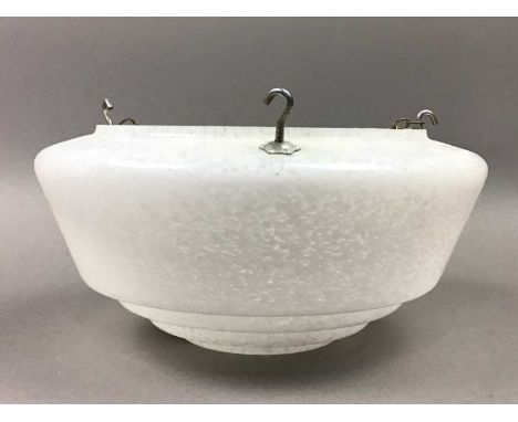 ART NOUVEAU STYLE PENDANT LIGHT,with frosted shade, 50cm high, together with an Art Deco mottled glass plaffonier (2)
