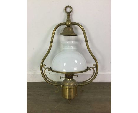 19TH CENTURY BRASS FRAMED PENDANT OIL LAMP,with opaque glass shade, stamped 'Duplex' to burner, approx 72cm high