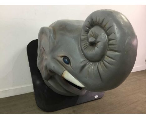 LARGE FIBREGLASS ELEPHANT'S HEAD,originally a bin toppper, now upon wall mounting board, 100cm from board to trunk