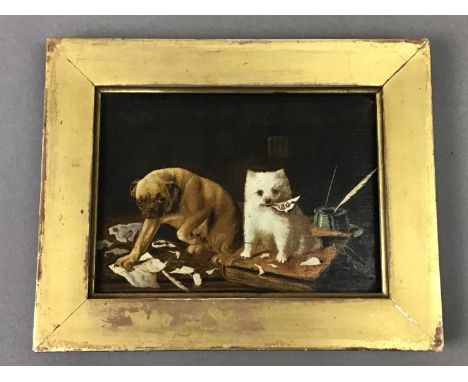 BRITISH SCHOOL, TWO DOGS,oil on panel,framed, 15cm x 19cm overall, along with an onyx ashtray modelled as a guitar on stand, 