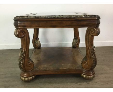 PAIR OF COFFEE TABLES,with glass tops, 60cm hihg, 70cm wide, 70cm deep, along with a matching console table and a large coffe