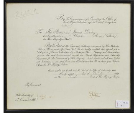 HER LATE MAJESTY QUEEN ELIZABETH II AND LOCAL INTEREST,a Royal Navy certificate of appointment, To the Reverend James Dooley 