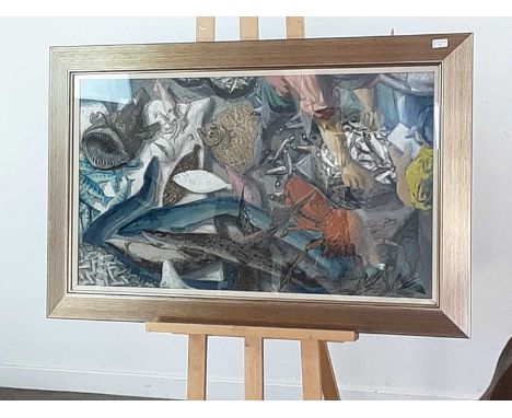 R LAMBERT,SEA FOOD,oil on board, signed and dated 1949,image size 59cm x 102cm, overall size 82cm x 124cm,Framed and under gl