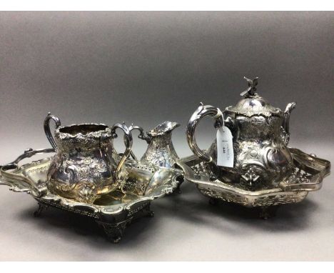 VICTORIAN SILVER PLATED THREE PIECE TEA SERVICE,along with other plated tea ware and cutlery.This lot contains elephant ivory