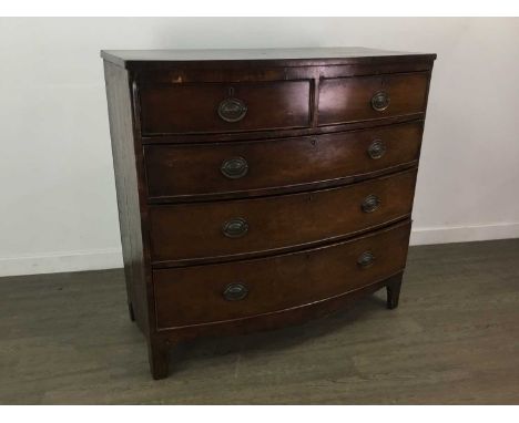 MAHOGANY BOW FRONT CHEST OF DRAWERS,99cm high, 102cm wide, 50cm deepSome lifting and damage to veneered top, some ring marks 