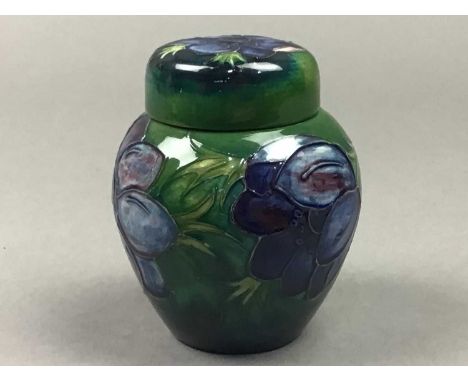 MOORCROFT LIDDED JAR AND COVER,10cm high overall, along with a Moorcroft vase converted to a lamp and a Moorcroft leaf dish (