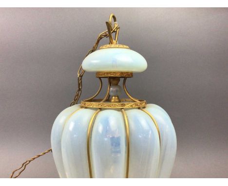 VINTAGE MURANO GLASS PENDANT LAMP,with tinted and moulded shade on gilt metal frame, 45cm highOverall good condition wear con