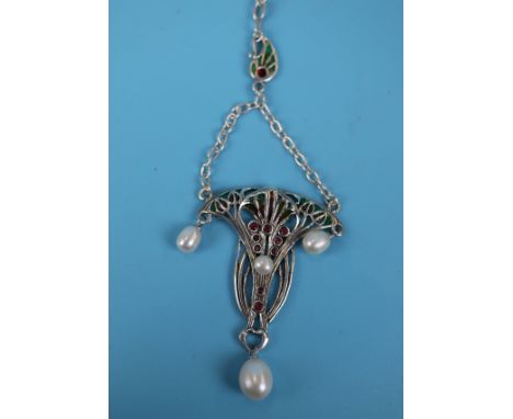 Silver enamel stone set pendant on chain