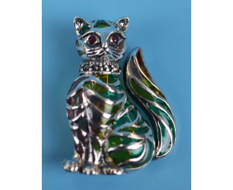 Silver Plique-à-jour enamel cat brooch