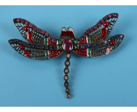 Ruby, emerald, sapphire, diamond &amp; enamel dragonfly brooch