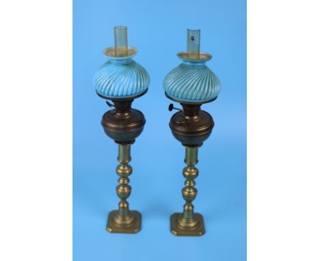 Pair of candle stick oil lamps and candle sticks - Approx H: 41cm