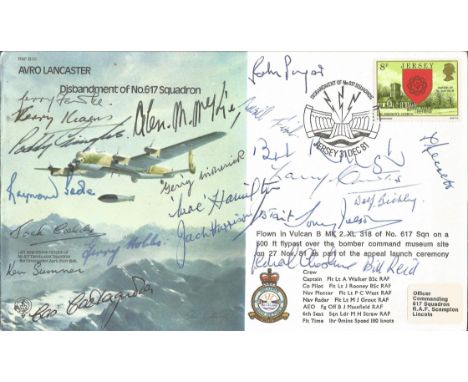 22 WW2 617 Sqn veterans inc many Tirpitz raiders signed Avro Lancaster bomber cover. Only 27 were signed by Sqn Ldr Tom Benne