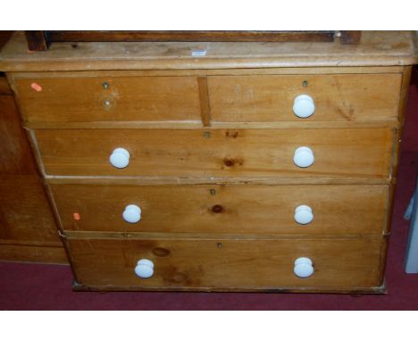 A Victorian pine round cornered chest of two short over three long drawers (lacking one ceramic knob handle) w.102cm