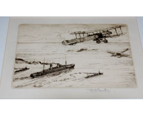 Assorted aeronautical prints to include; World War I period etching, colour engraving depicting the first carriage of the Aer