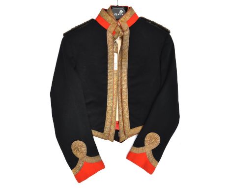 An officer's blue mess jacket, scarlet facings, gilt lace trim, Captain's shoulder cords with ERII R H Guards buttons, compan