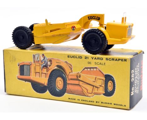 A scarce Budgie Toys Euclid 21 Yard Scraper (282). In bright yellow with black plastic wheels/tyres. Boxed, minor wear/creasi