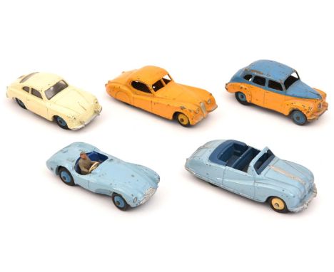 5 Dinky Toys. Aston Martin DB3 in blue with dark blue interior and wheels. Porsche 356A in light blue with dark blue interior