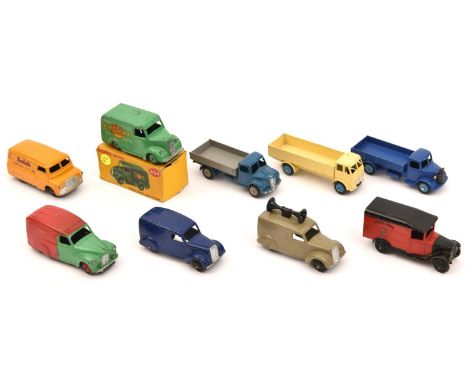 9x Dinky Toys. Including; Trojan van, Cydrax. Bedford van, Kodak. Austin van, Shell. Royal Mail van. Dodge Tipper lorry. Loud