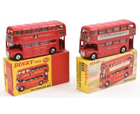 2 Dinky Routemaster Double Deck Buses (289). Both in bright red L.T. livery, one with TERN Shirts adverts and one with Schwep