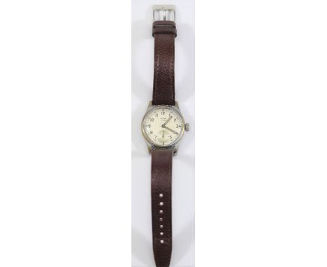 KM marked Alpina wristwatch. Serial 330091. Plated case with brushed finish, wear to plating on sides and lugs, 31mm without 