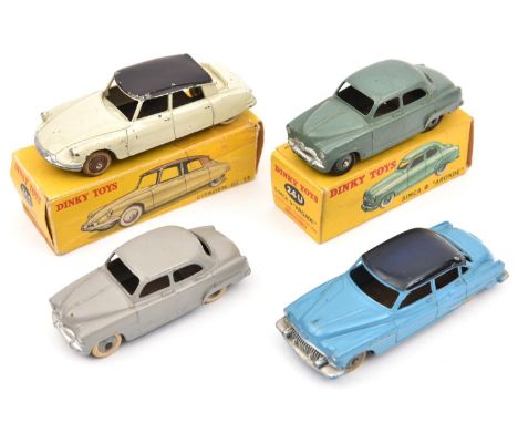 4 French Dinky Toys. Citroen DS19 (24C). Example in ivory with black roof, boxed. 2x Simca 9 Aronde (24U) in dark green and m