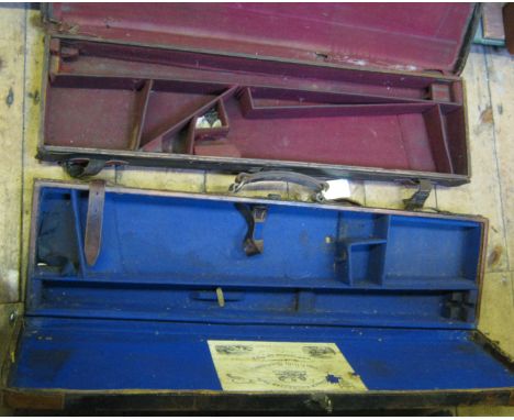 A leather covered gun case,  for a DB gun with 30” barrels, with blue velvet lining and all compartments complete, the lid wi