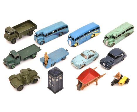 12 Dinky Toys. 2x Half Cab Buses, BEV Truck, Porsche 356A, Fordson Flatbed, AA Motorcycle Patrol, Police Box, Wheel Barrow, A