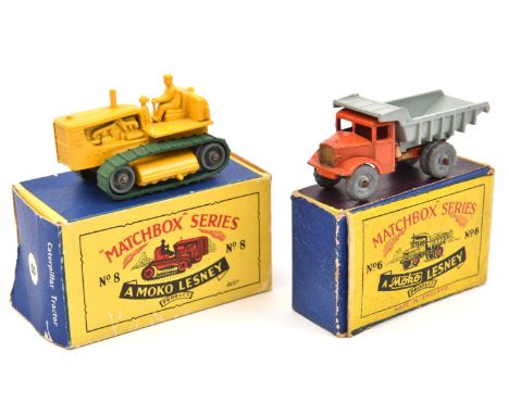 2 Matchbox Series No.6 Euclid Quarry Truck. In orange with grey rear body, gold radiator and grey metal wheel. Plus a Caterpi