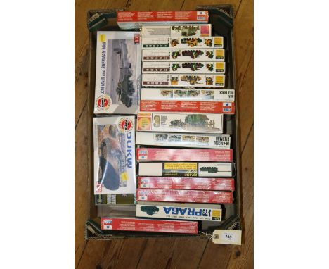 20 unmade plastic Military vehicle kits. By Airfix, Esci, Hasegawa, Matchbox, Fujimi, etc. 1/72 and 1/76, scales. Including T