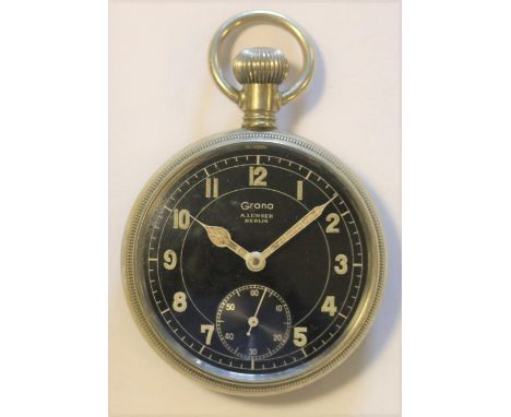 Grana pocketwatch. Plated case with screw back, coin edge on caseback and bezel, light tarnish. Serial 1390. Black dial in ex