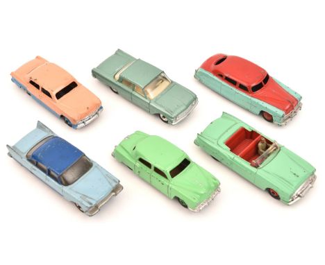 6 Dinky Toys. Ford Fairlane in metallic green with white interior and spun wheels. Ford Sedan lo-line in pink with blue lower